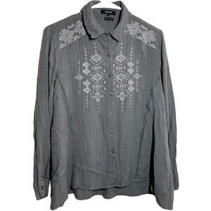 Miss Me Button Down Shirt Collared Aztec Embroidered Long Sleeve Gray Medium